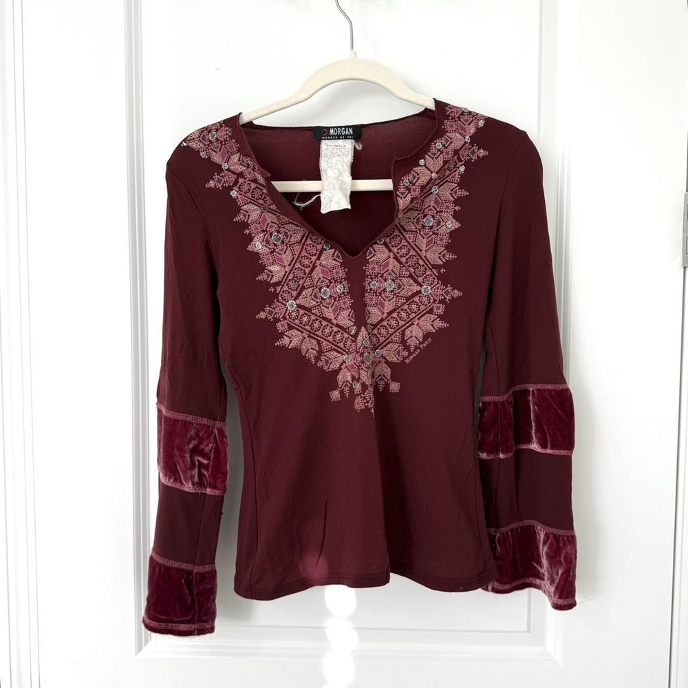 Morgan de Toi Wine Embroidered V‑Neck Long Sleeve Top